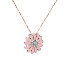 Papatya Kolye - Pırlanta 8 ayar beyaz altın kolye (0.252 karat, pastel pembe mineli, 40 cm gümüş rolo zincir) #6bedt9
