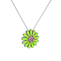 Pembe kuvars 925 ayar siyah rodyum kaplama gümüş kolye (Neon yeşil mineli, 40 cm beyaz altın rolo zincir)