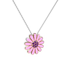 Papatya Kolye - Ametist 925 ayar rose altın kaplama gümüş kolye (Pembe mineli, 40 cm beyaz altın rolo zincir) #6huy7u