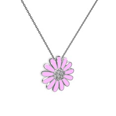 Papatya Kolye - Beyaz zirkon 14 ayar beyaz altın kolye (Pembe mineli, 40 cm gümüş rolo zincir) #7qwb15