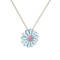 Papatya Kolye - Pembe kuvars 925 ayar gümüş kolye (Pastel mavi mineli, 40 cm rose altın rolo zincir) #7zmsez