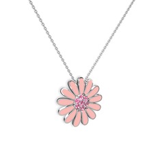 Pembe kuvars 14 ayar beyaz altın kolye (Pastel pembe mineli, 40 cm beyaz altın rolo zincir)