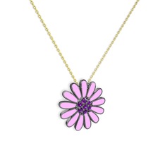 Ametist 925 ayar siyah rodyum kaplama gümüş kolye (Pembe mineli, 40 cm altın rolo zincir)