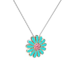 Papatya Kolye - Pembe kuvars 925 ayar rose altın kaplama gümüş kolye (Turkuaz mineli, 40 cm gümüş rolo zincir) #at213q