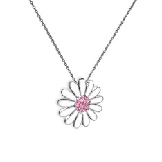 Papatya Kolye - Pembe kuvars 8 ayar beyaz altın kolye (Beyaz mineli, 40 cm gümüş rolo zincir) #ed9ky2