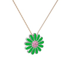 Pembe kuvars 18 ayar beyaz altın kolye (Yeşil mineli, 40 cm rose altın rolo zincir)