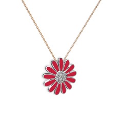 Beyaz zirkon 18 ayar beyaz altın kolye (Kırmızı mineli, 40 cm rose altın rolo zincir)