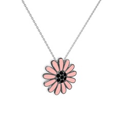 Papatya Kolye - Siyah zirkon 925 ayar siyah rodyum kaplama gümüş kolye (Pastel pembe mineli, 40 cm beyaz altın rolo zincir) #hekc4m