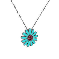 Papatya Kolye - Rodolit garnet 925 ayar siyah rodyum kaplama gümüş kolye (Turkuaz mineli, 40 cm gümüş rolo zincir) #j470aw