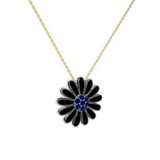 Papatya Kolye - Lab safir 925 ayar siyah rodyum kaplama gümüş kolye (Siyah mineli, 40 cm altın rolo zincir) #jp2143
