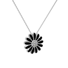 Papatya Kolye - Swarovski 18 ayar beyaz altın kolye (Siyah mineli, 40 cm beyaz altın rolo zincir) #k9bybu