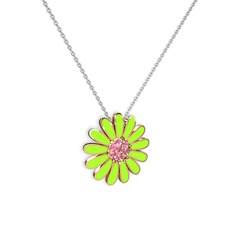 Papatya Kolye - Pembe kuvars 18 ayar rose altın kolye (Neon yeşil mineli, 40 cm beyaz altın rolo zincir) #kkg3s4