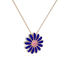 Papatya Kolye - Pembe kuvars 18 ayar rose altın kolye (Lacivert mineli, 40 cm rose altın rolo zincir) #l3dizm
