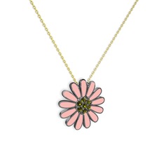 Papatya Kolye - Peridot 925 ayar siyah rodyum kaplama gümüş kolye (Pastel pembe mineli, 40 cm altın rolo zincir) #luv06f