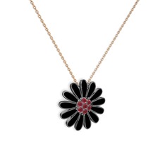 Papatya Kolye - Kök yakut 925 ayar siyah rodyum kaplama gümüş kolye (Siyah mineli, 40 cm rose altın rolo zincir) #ol103