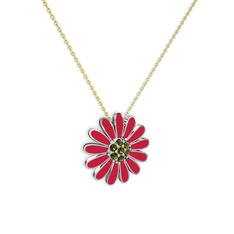 Papatya Kolye - Peridot 8 ayar beyaz altın kolye (Kırmızı mineli, 40 cm gümüş rolo zincir) #r281jb