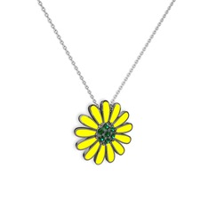 Papatya Kolye - Yeşil kuvars 925 ayar siyah rodyum kaplama gümüş kolye (Sarı mineli, 40 cm beyaz altın rolo zincir) #r4yah6