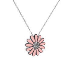 Papatya Kolye - Beyaz zirkon 925 ayar siyah rodyum kaplama gümüş kolye (Pastel pembe mineli, 40 cm gümüş rolo zincir) #rtybgr
