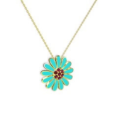 Papatya Kolye - Rodolit garnet 14 ayar altın kolye (Turkuaz mineli, 40 cm altın rolo zincir) #srl3qo