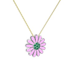 Kök zümrüt 14 ayar beyaz altın kolye (Pembe mineli, 40 cm altın rolo zincir)