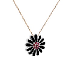 Papatya Kolye - Rodolit garnet 14 ayar beyaz altın kolye (Siyah mineli, 40 cm rose altın rolo zincir) #t6y9vd