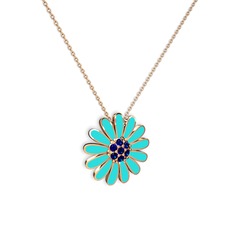Lab safir 925 ayar rose altın kaplama gümüş kolye (Turkuaz mineli, 40 cm rose altın rolo zincir)