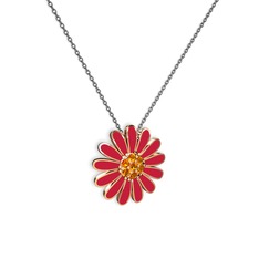 Sitrin 14 ayar rose altın kolye (Kırmızı mineli, 40 cm gümüş rolo zincir)