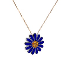 Papatya Kolye - Sitrin 925 ayar siyah rodyum kaplama gümüş kolye (Lacivert mineli, 40 cm rose altın rolo zincir) #yy0yly