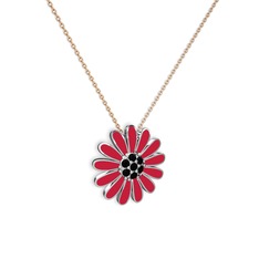 Papatya Kolye - Siyah zirkon 8 ayar beyaz altın kolye (Kırmızı mineli, 40 cm rose altın rolo zincir) #z109rp