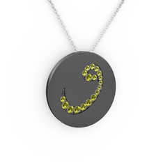 Taşlı Vav Kolye - Peridot 925 ayar siyah rodyum kaplama gümüş kolye (40 cm beyaz altın rolo zincir) #10komm3