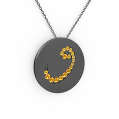 Taşlı Vav Kolye - Sitrin 925 ayar siyah rodyum kaplama gümüş kolye (40 cm gümüş rolo zincir) #12hvct8
