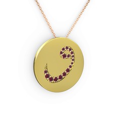 Taşlı Vav Kolye - Kök yakut 14 ayar altın kolye (40 cm rose altın rolo zincir) #14hsph