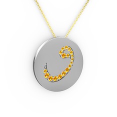 Taşlı Vav Kolye - Sitrin 8 ayar beyaz altın kolye (40 cm altın rolo zincir) #1570ez9