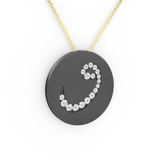 Taşlı Vav Kolye - Swarovski 925 ayar siyah rodyum kaplama gümüş kolye (40 cm altın rolo zincir) #19sux95