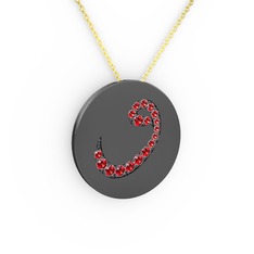 Taşlı Vav Kolye - Garnet 925 ayar siyah rodyum kaplama gümüş kolye (40 cm altın rolo zincir) #1ak3dvi