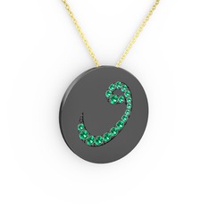 Taşlı Vav Kolye - Yeşil kuvars 925 ayar siyah rodyum kaplama gümüş kolye (40 cm gümüş rolo zincir) #1avgr8g