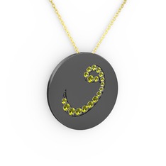Taşlı Vav Kolye - Peridot 925 ayar siyah rodyum kaplama gümüş kolye (40 cm altın rolo zincir) #1co9per