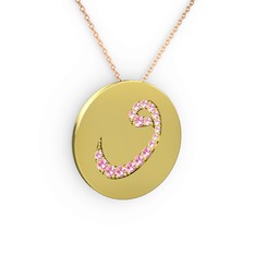 Taşlı Vav Kolye - Pembe kuvars 8 ayar altın kolye (40 cm rose altın rolo zincir) #1g86aq2