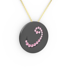 Taşlı Vav Kolye - Pembe kuvars 925 ayar siyah rodyum kaplama gümüş kolye (40 cm altın rolo zincir) #1hslhgi