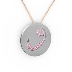 Taşlı Vav Kolye - Pembe kuvars 8 ayar beyaz altın kolye (40 cm rose altın rolo zincir) #1k10bay