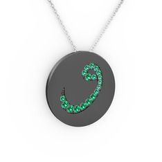 Taşlı Vav Kolye - Yeşil kuvars 925 ayar siyah rodyum kaplama gümüş kolye (40 cm gümüş rolo zincir) #1q4ki2e