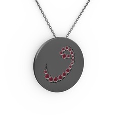 Taşlı Vav Kolye - Kök yakut 925 ayar siyah rodyum kaplama gümüş kolye (40 cm gümüş rolo zincir) #1qjetdm