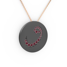 Taşlı Vav Kolye - Kök yakut 925 ayar siyah rodyum kaplama gümüş kolye (40 cm rose altın rolo zincir) #1rtr6lf