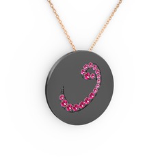 Taşlı Vav Kolye - Rodolit garnet 925 ayar siyah rodyum kaplama gümüş kolye (40 cm rose altın rolo zincir) #1w5an11