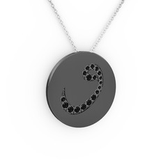 Taşlı Vav Kolye - Siyah zirkon 925 ayar siyah rodyum kaplama gümüş kolye (40 cm beyaz altın rolo zincir) #1w8o3j9