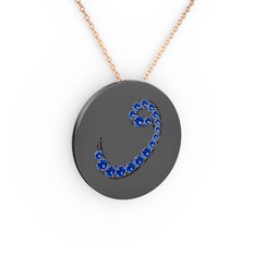 Taşlı Vav Kolye - Lab safir 925 ayar siyah rodyum kaplama gümüş kolye (40 cm rose altın rolo zincir) #1xgjlld
