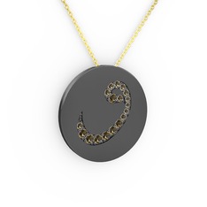 Taşlı Vav Kolye - Dumanlı kuvars 925 ayar siyah rodyum kaplama gümüş kolye (40 cm altın rolo zincir) #39h1yt