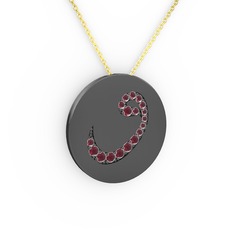 Taşlı Vav Kolye - Kök yakut 925 ayar siyah rodyum kaplama gümüş kolye (40 cm altın rolo zincir) #4a0oie