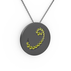 Taşlı Vav Kolye - Peridot 925 ayar siyah rodyum kaplama gümüş kolye (40 cm gümüş rolo zincir) #7g5jgh