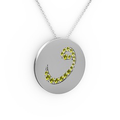 Taşlı Vav Kolye - Peridot 14 ayar beyaz altın kolye (40 cm beyaz altın rolo zincir) #86lgnp